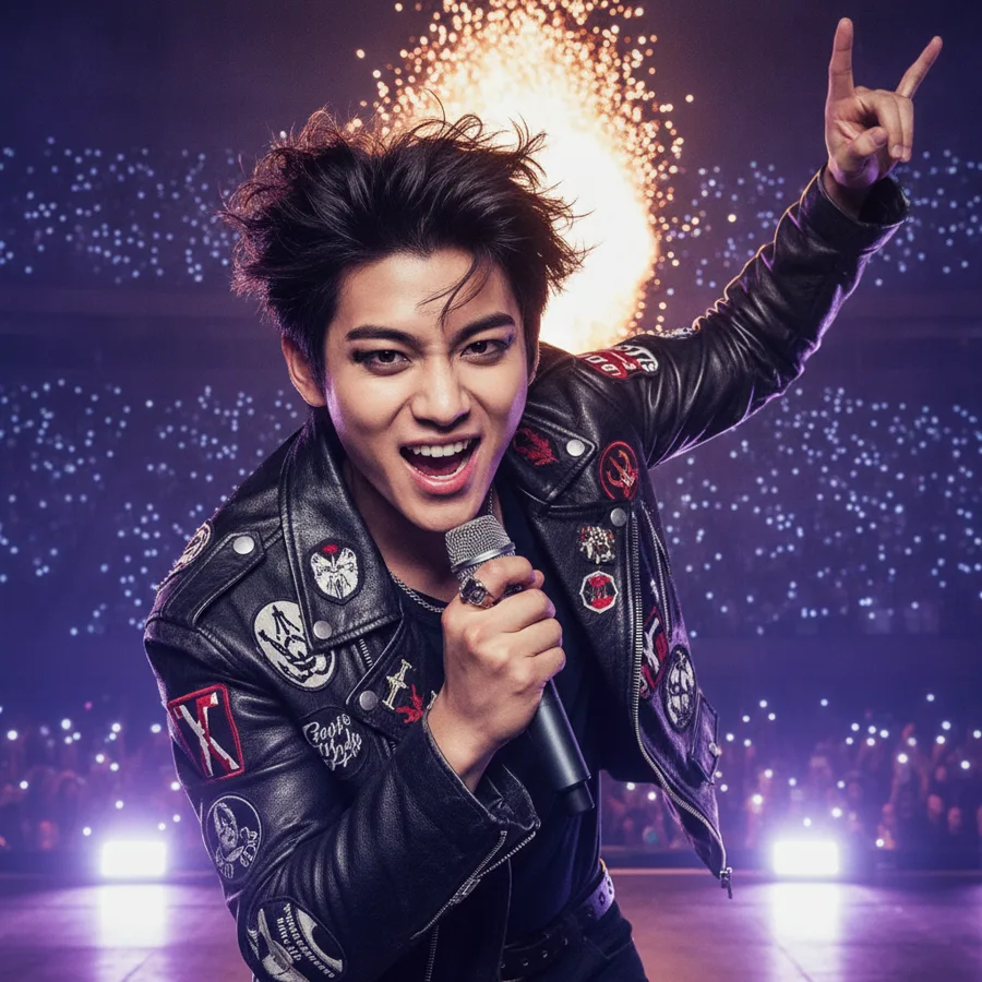 Jax in a patched leather jacket in front of an arena crowd, a generated glam avatar