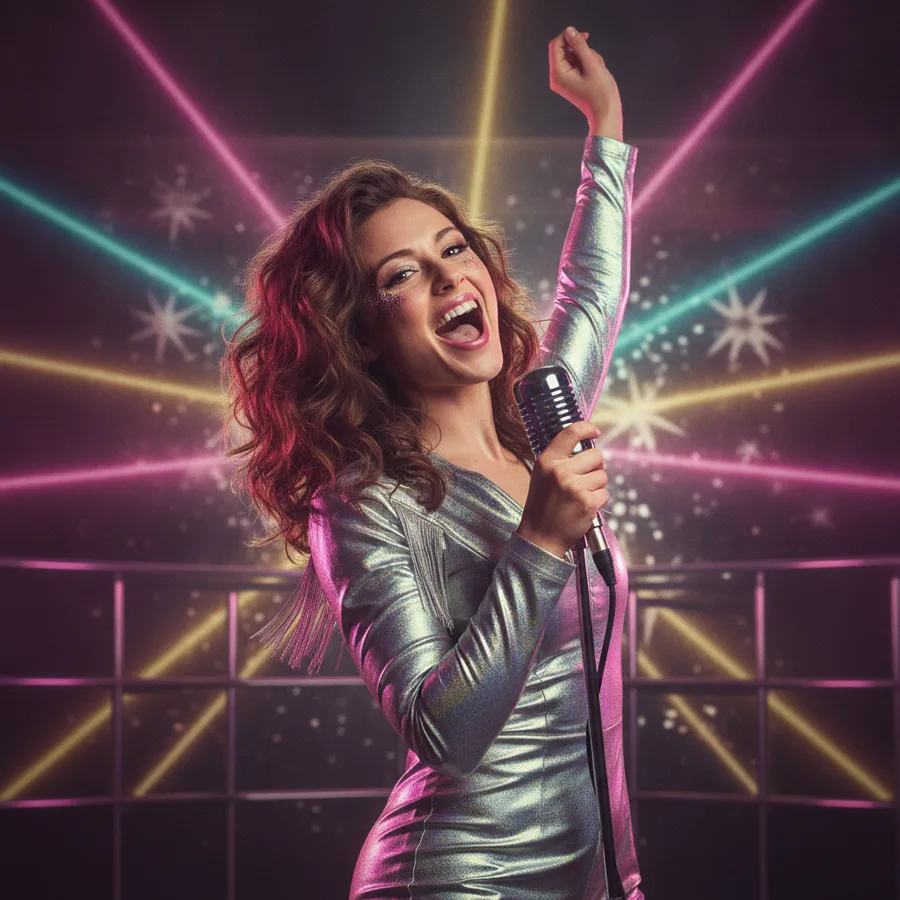 Mia as a disco diva on a neon-laser stage, a generated glam avatar