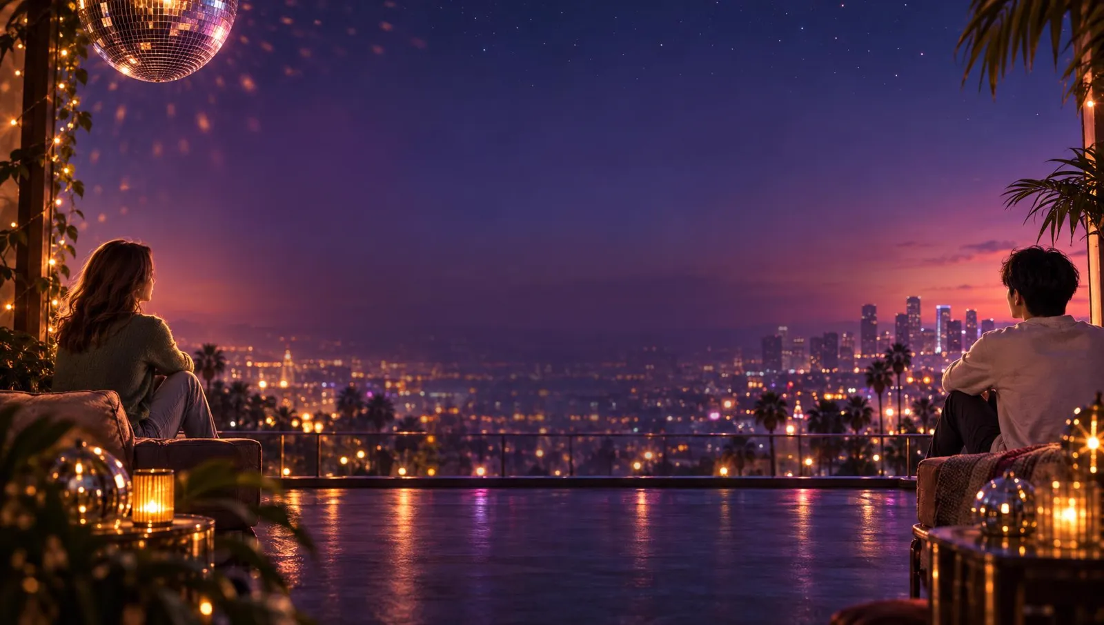A duet stage at dusk with a disco ball, a city skyline and two singers at the edges of the frame